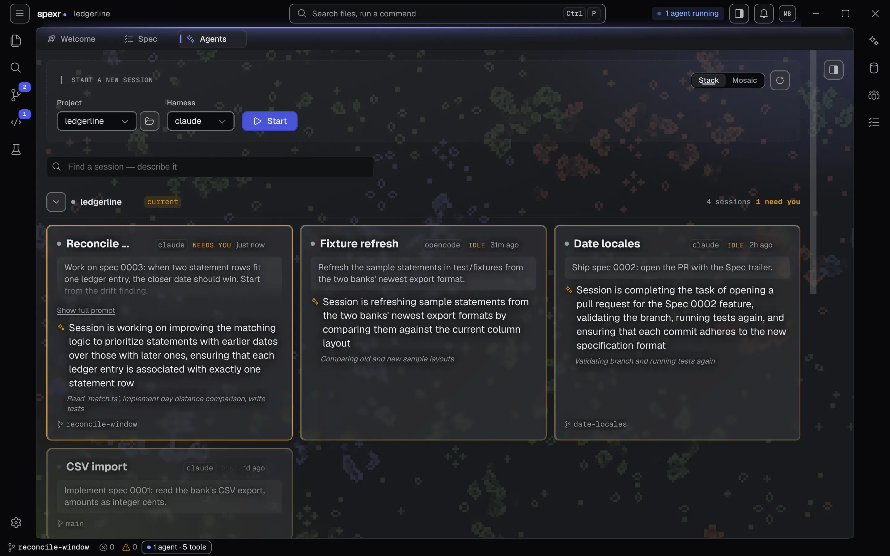 The Darkfactory wall: session cards for the ledgerline project, one flagged as needing you, with summaries written on the device