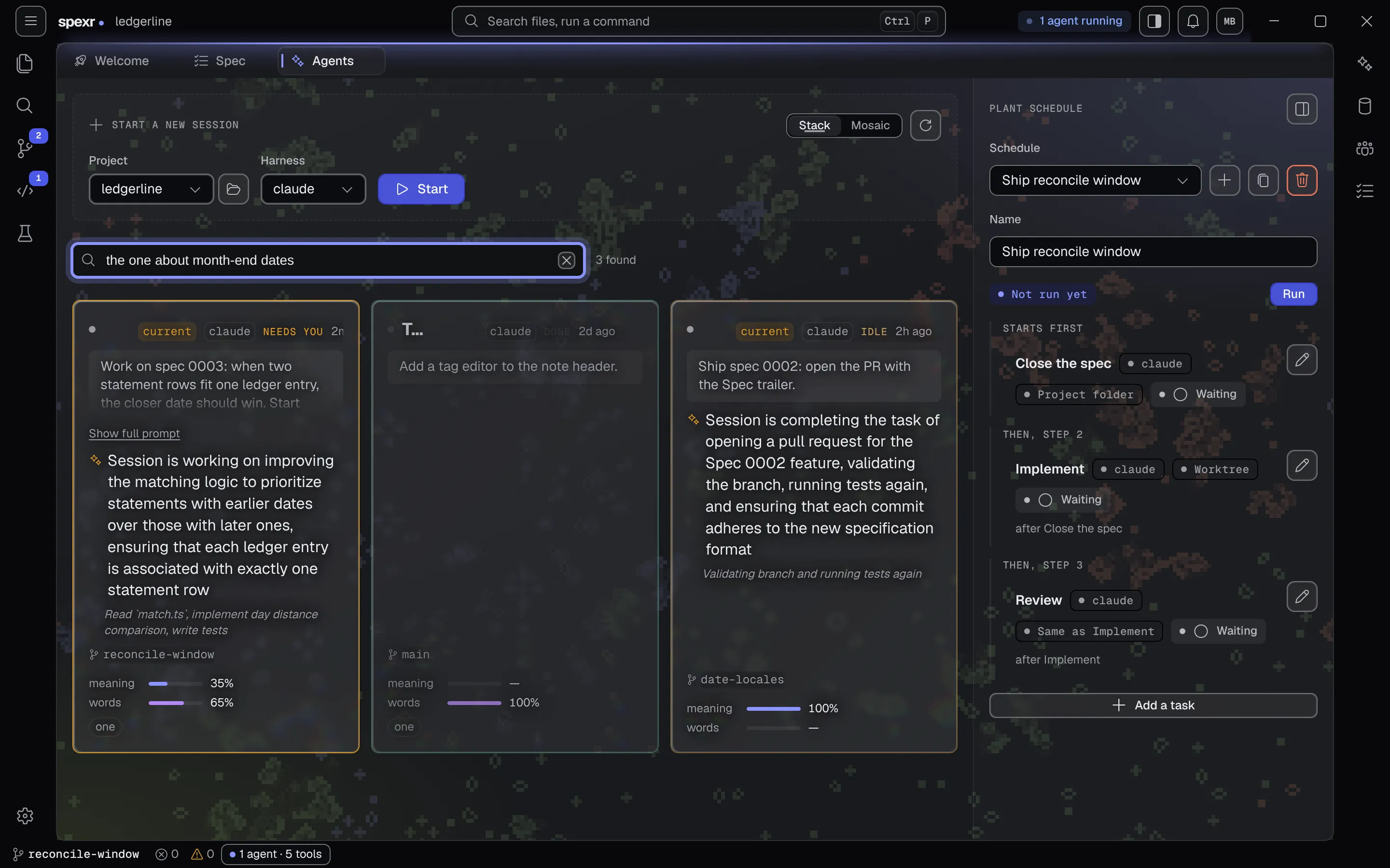 Darkfactory search for “the one about month-end dates” with three matching sessions, and a plant schedule of three tasks