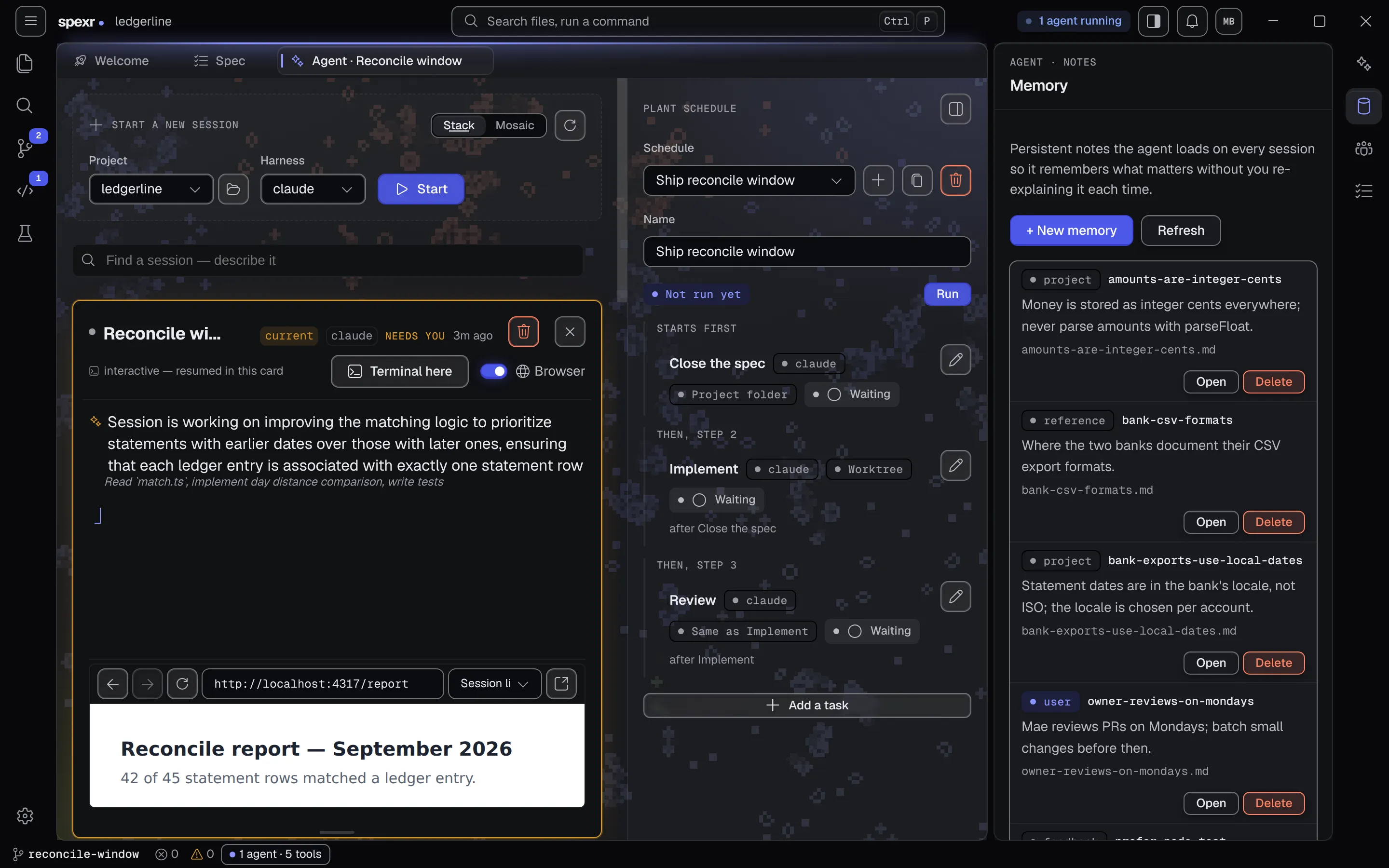 The Memory panel listing project, reference and user notes, each with a short description