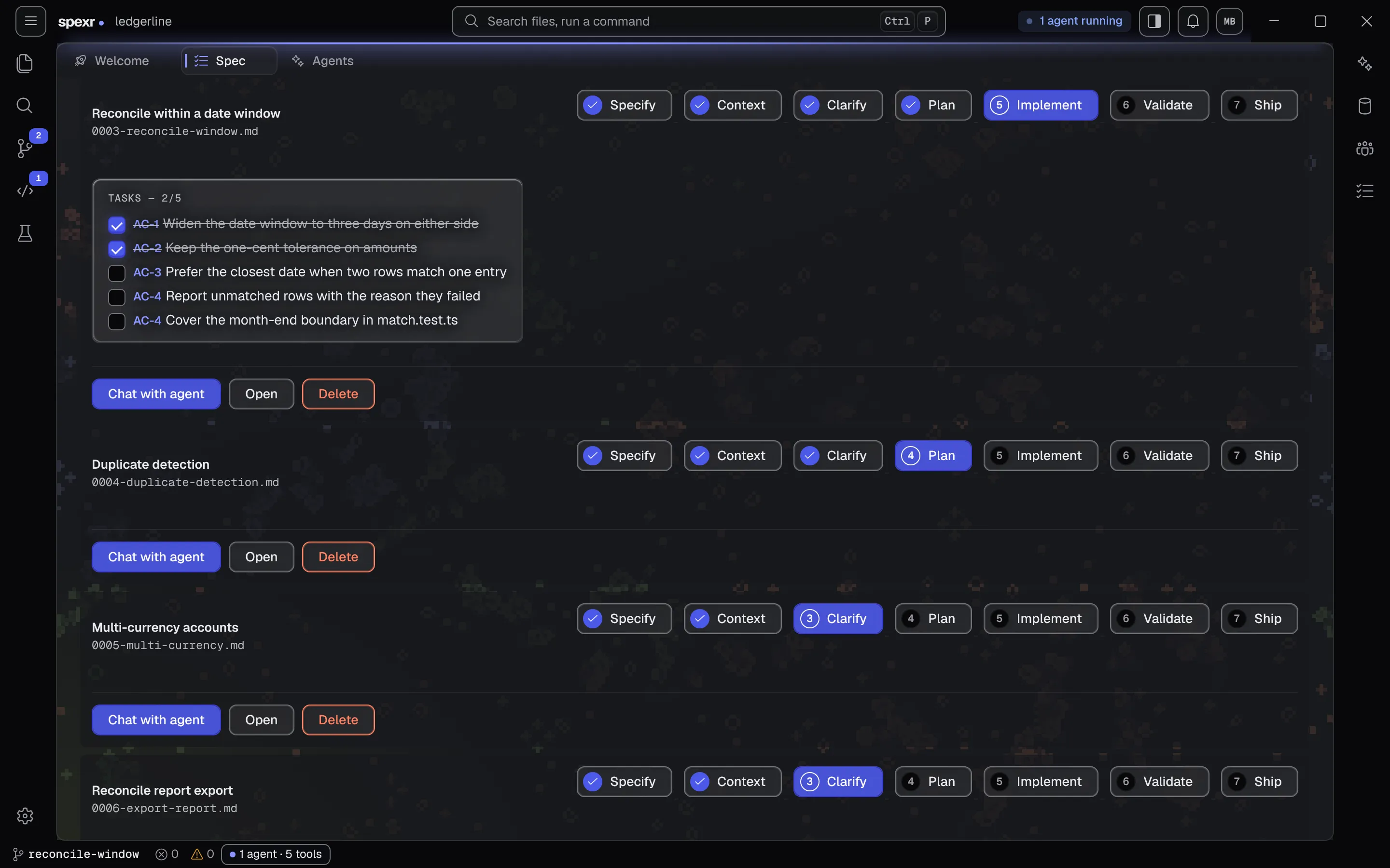 A spec at the Implement step with its plan as a task checklist, two of five done