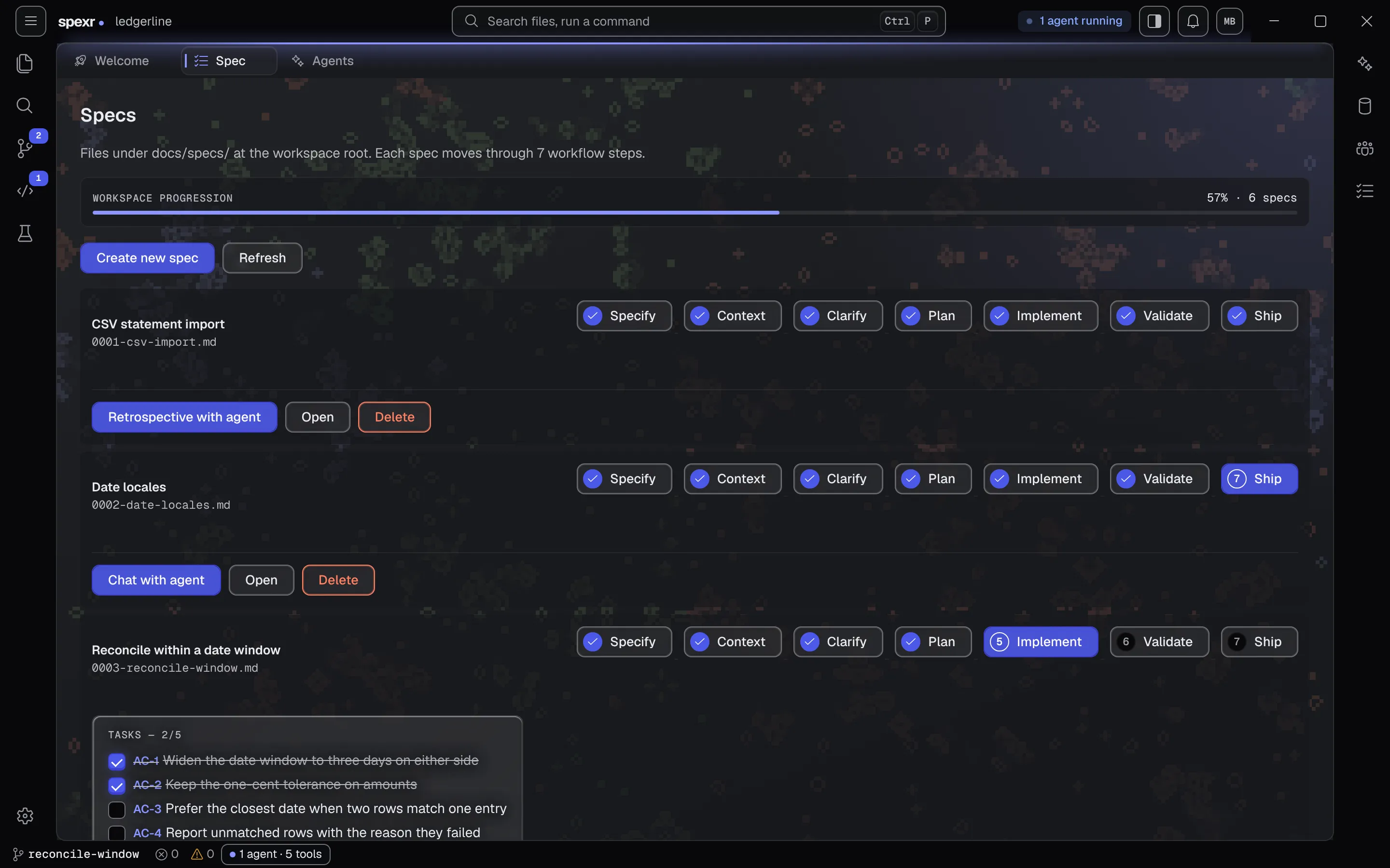 The Specs view: workspace progress and each spec with its workflow steps