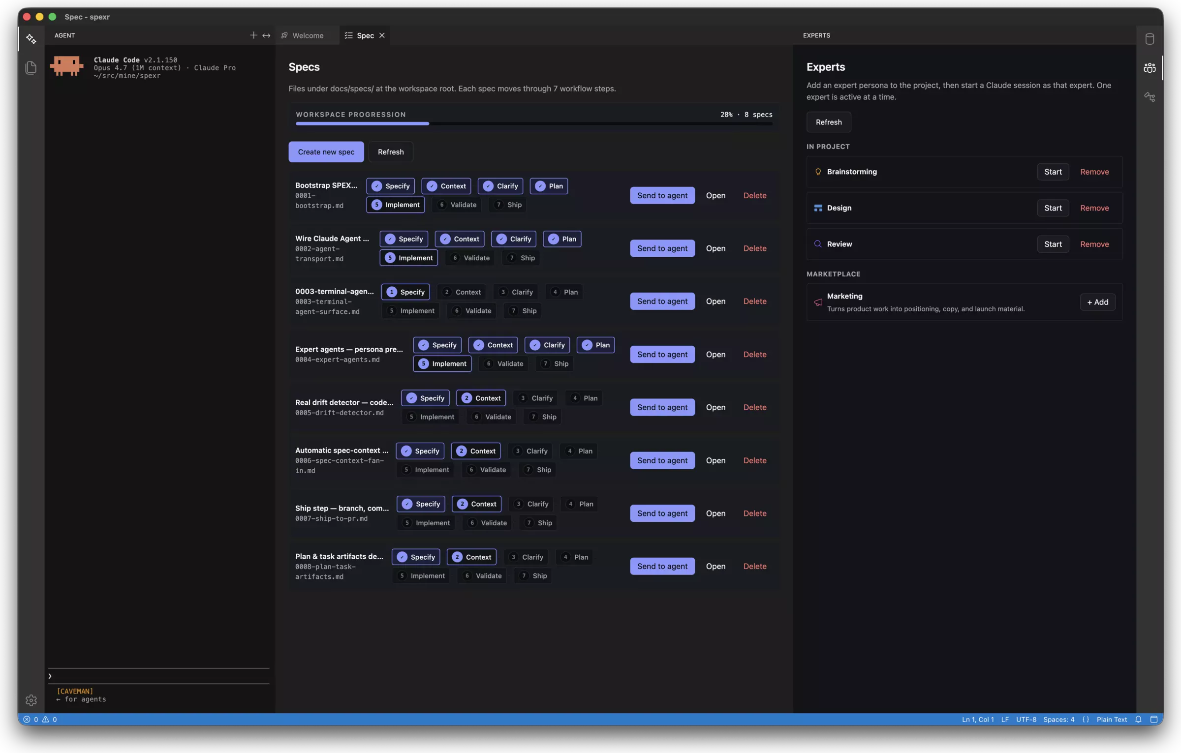 SPEXR specs view beside the Experts panel, with Brainstorming, Design and Review personas in the project