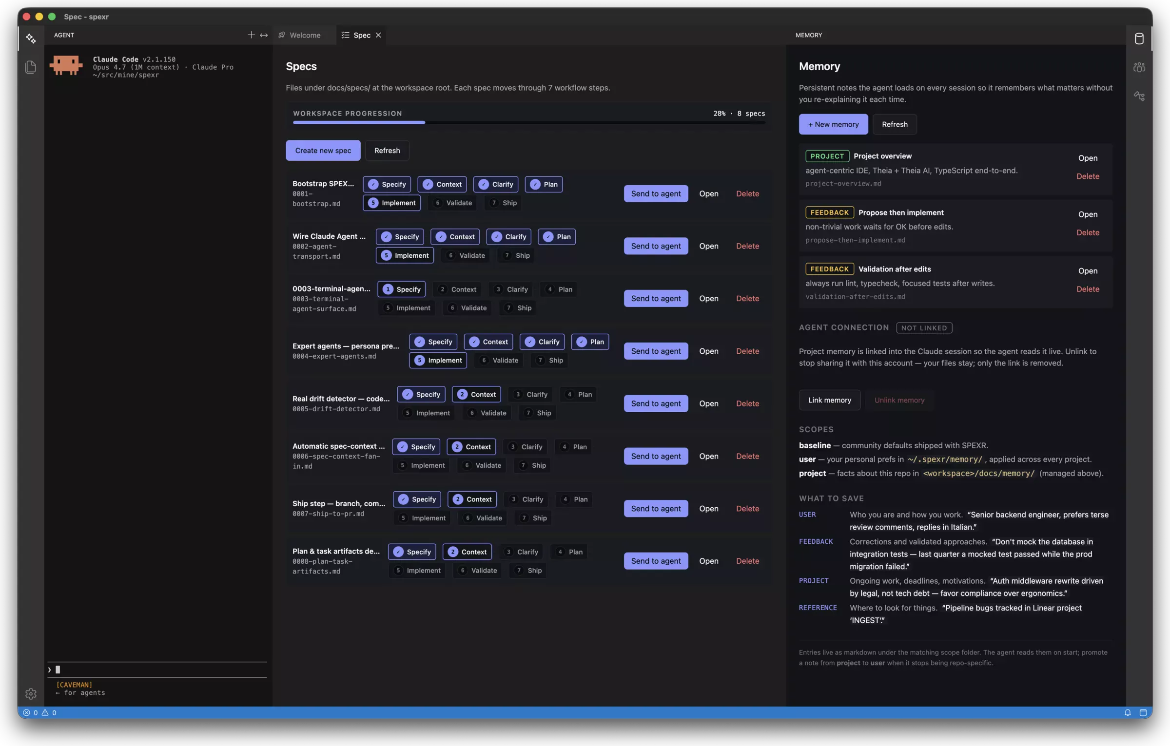 SPEXR memory panel listing the project and feedback notes the agent loads every session, with baseline, user and project scopes