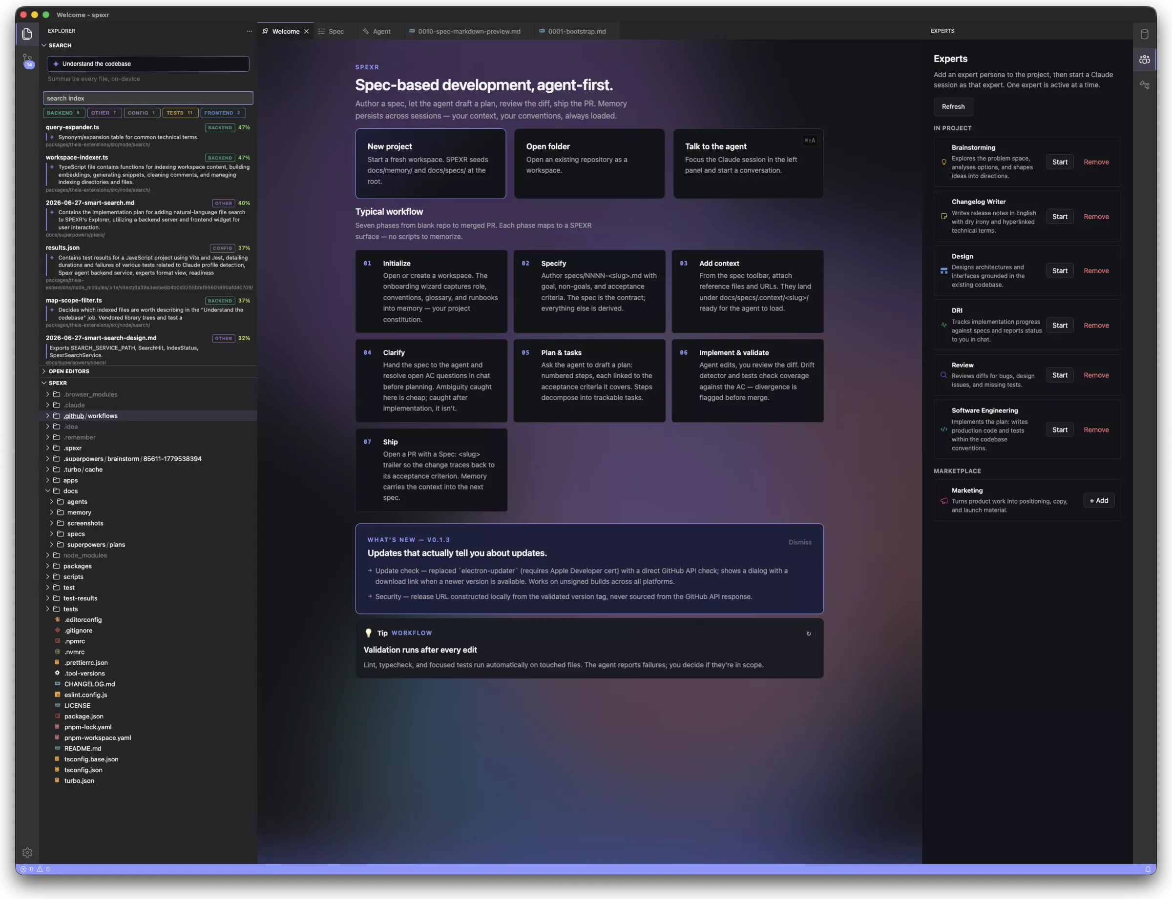 SPEXR explorer search results ranked by relevance, each file summarised on-device, beside the welcome screen and the Experts panel