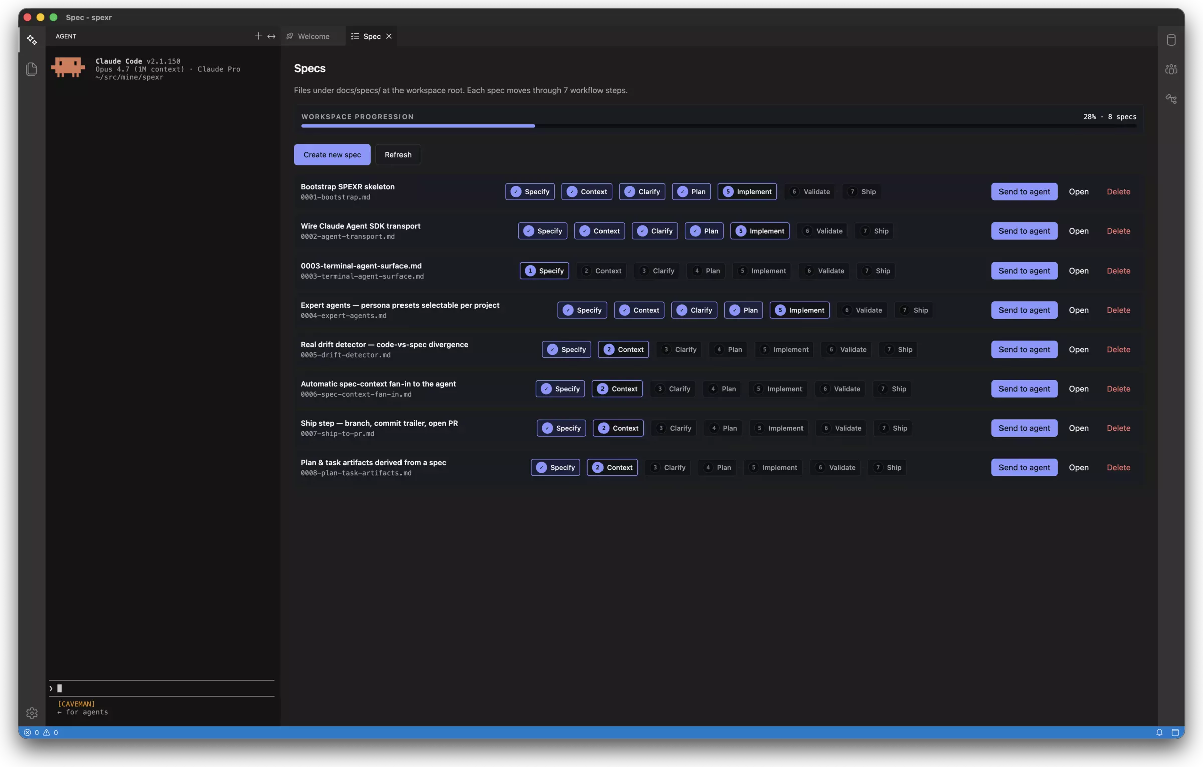 SPEXR specs view listing eight specs, each with its seven workflow steps and a Send to agent button