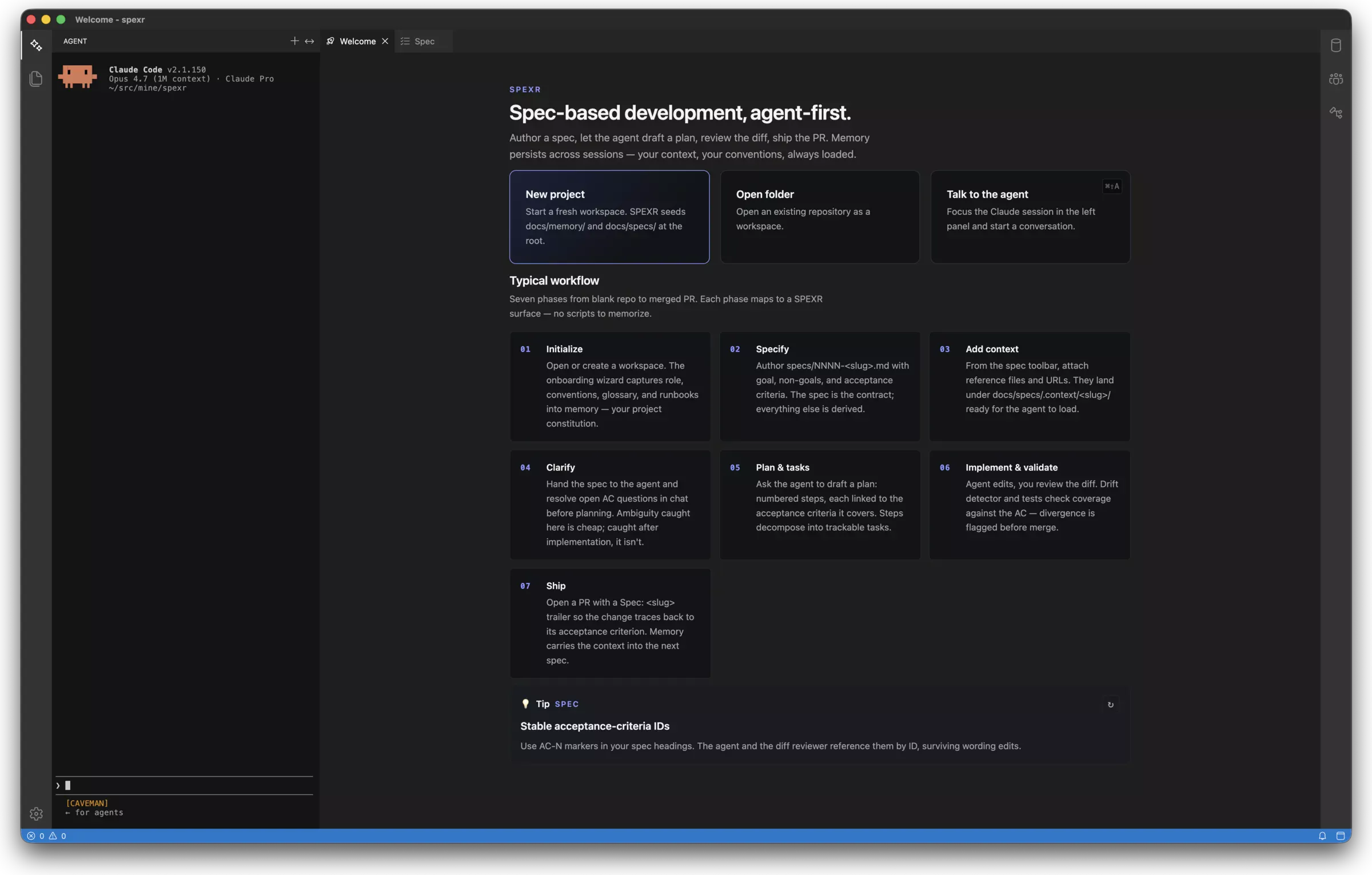 SPEXR welcome screen: the agent session on the left, and the seven-phase workflow from Initialize to Ship
